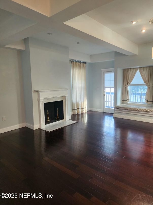 Empty room, Fireplace, Interior, Recessed Lighting, Wood Texture Flooring