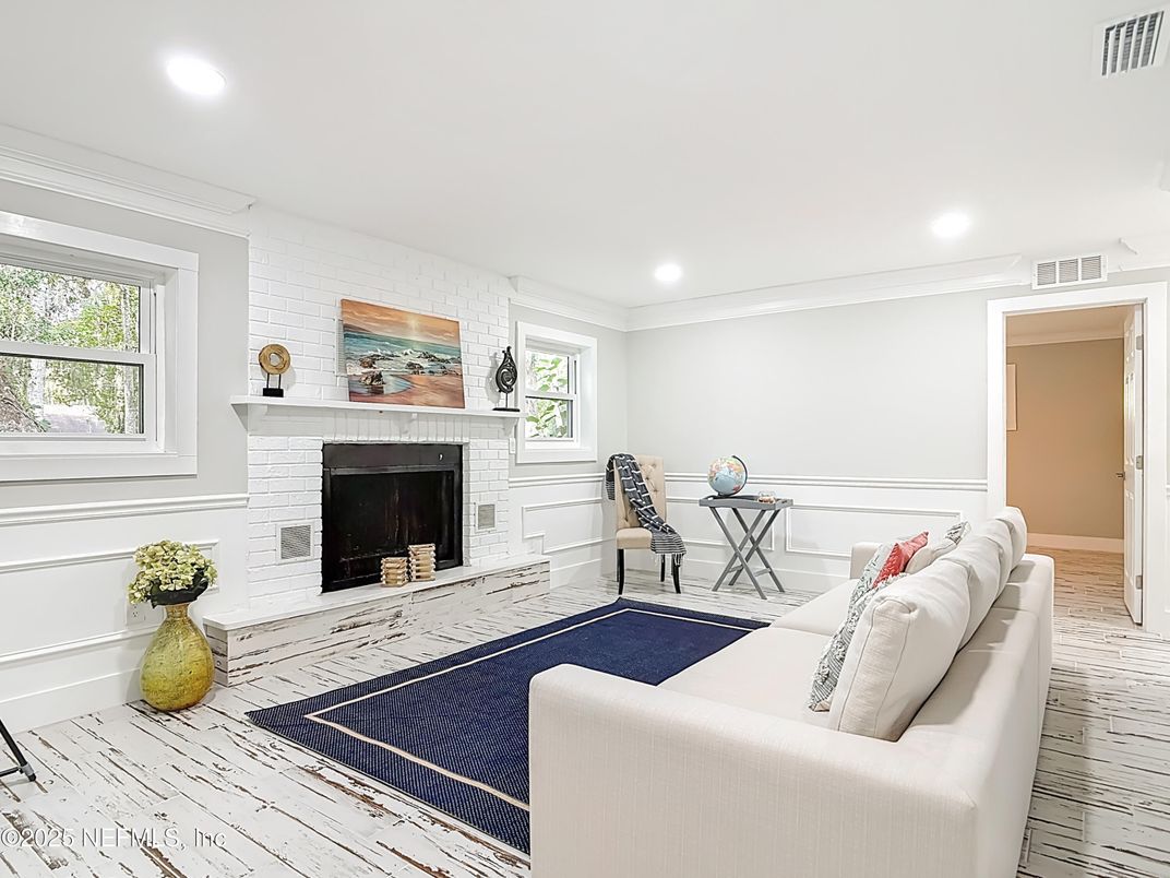 Fireplace, Interior, Living room, Recessed Lighting, Wood Texture Flooring