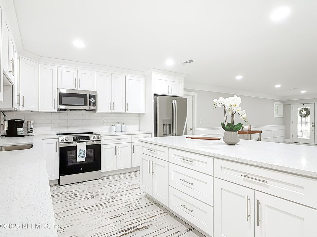 Interior, Kitchen, Recessed Lighting, Stainless Steel Appliances, Wood Texture Flooring