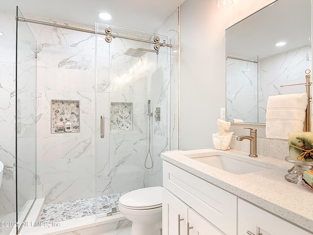 Bathroom, Glass Shower, Interior, Marble, Marble Walls, Recessed Lighting