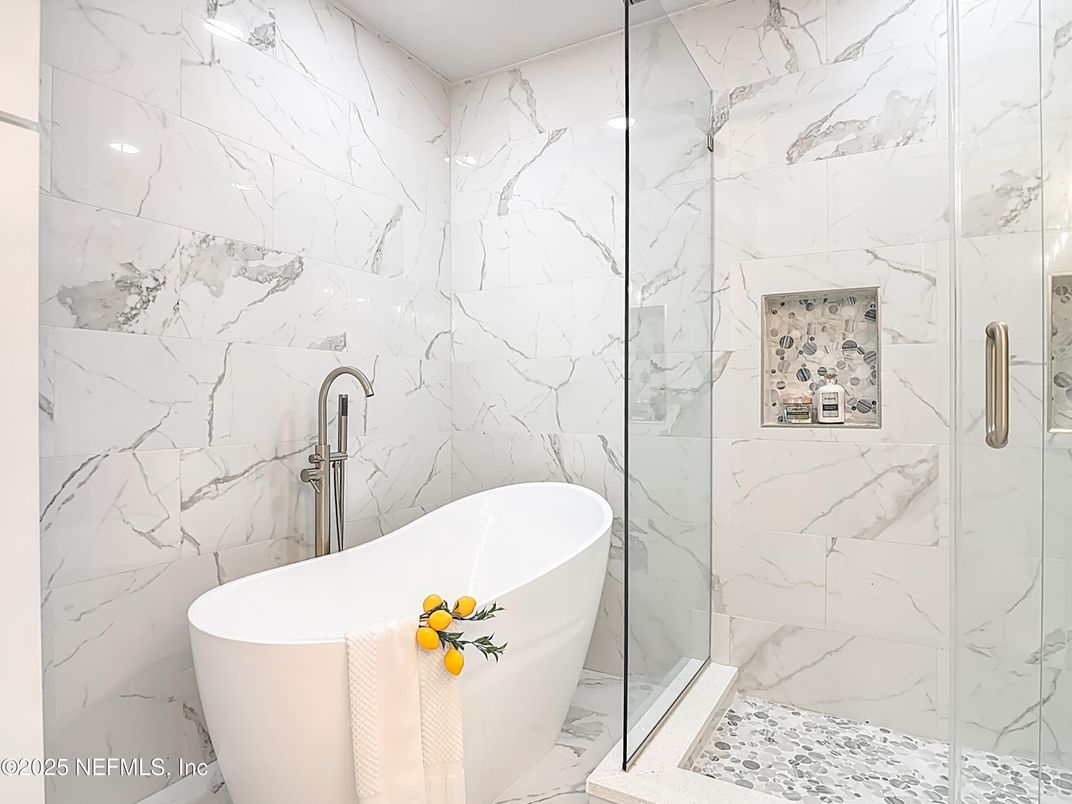 Bathroom, Free Standing Baths, Glass Shower, Interior, Marble Walls