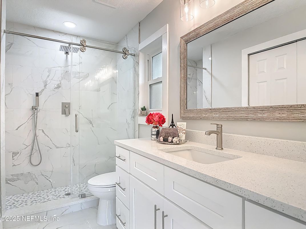 Bathroom, Glass Shower, Interior, Marble, Marble Walls, Recessed Lighting