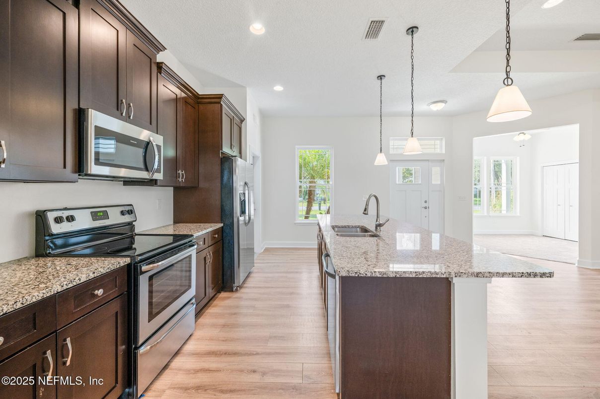 Interior, Kitchen, Pendant Lights, Recessed Lighting, Wood Texture Flooring