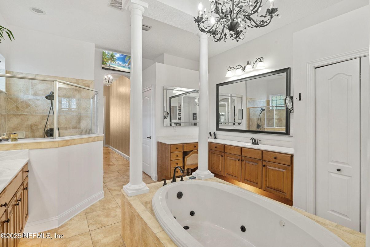 Bathroom, Chandelier, Dual Sink Vanities, Glass Shower, Interior