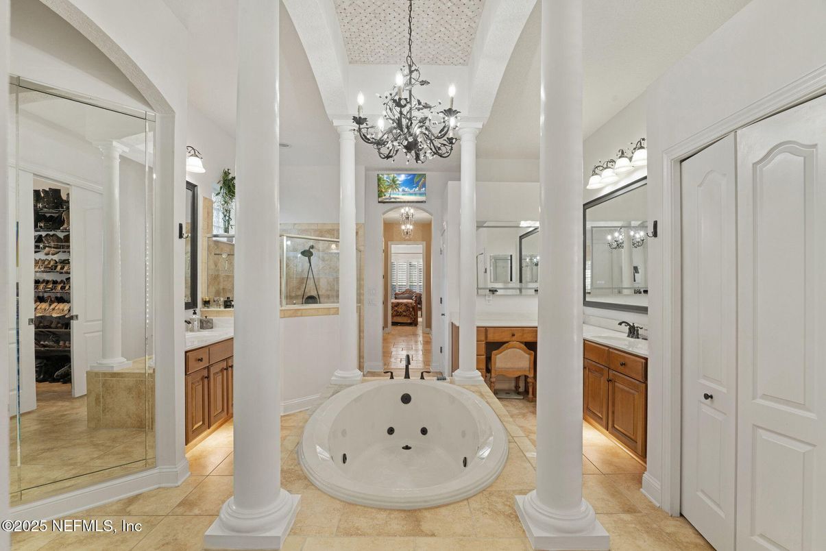 Bathroom, Chandelier, Dual Sink Vanities, Glass Shower, Interior