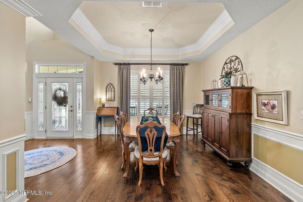 Chandelier, Dining room, Interior, Wood Texture Flooring