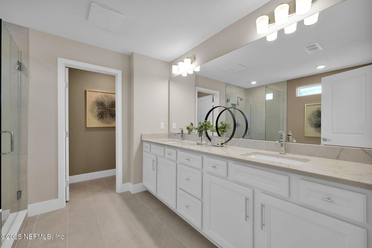 Bathroom, Dual Sink Vanities, Glass Shower, Interior, Recessed Lighting