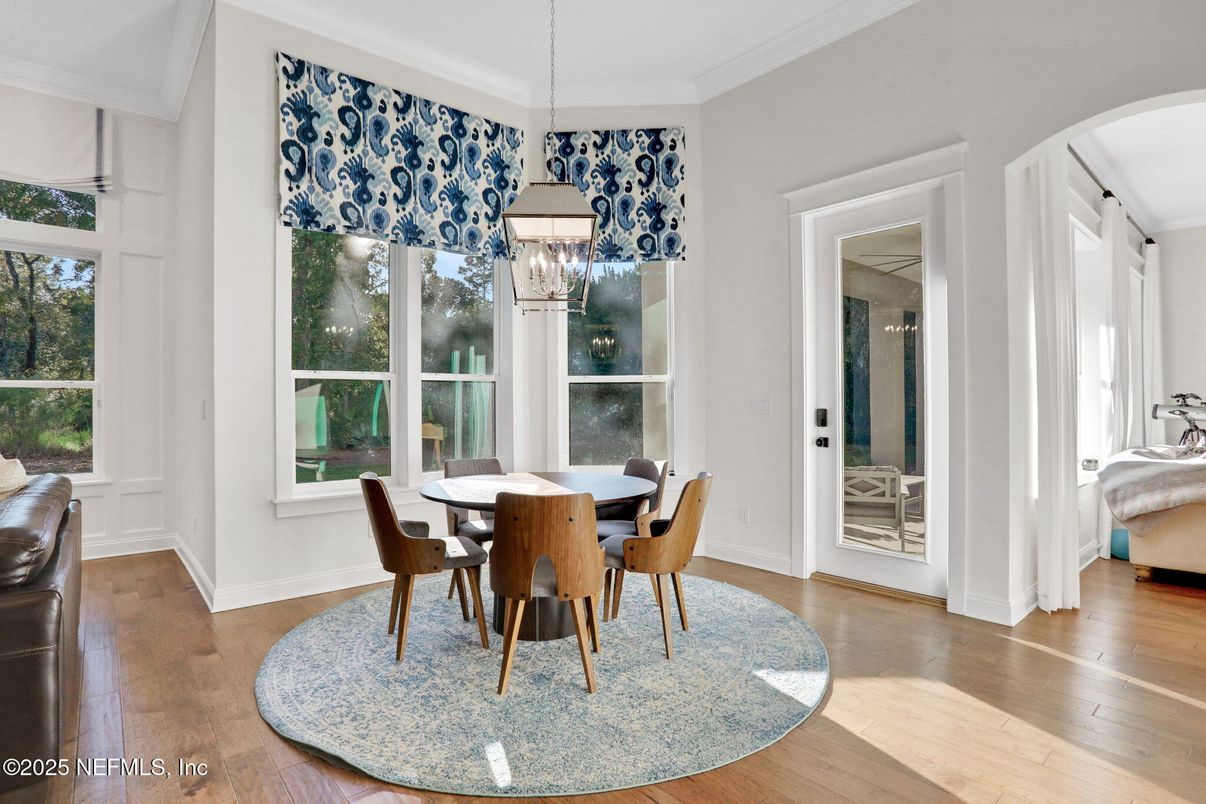 Dining room, Interior, Pendant Lights, Wood Texture Flooring