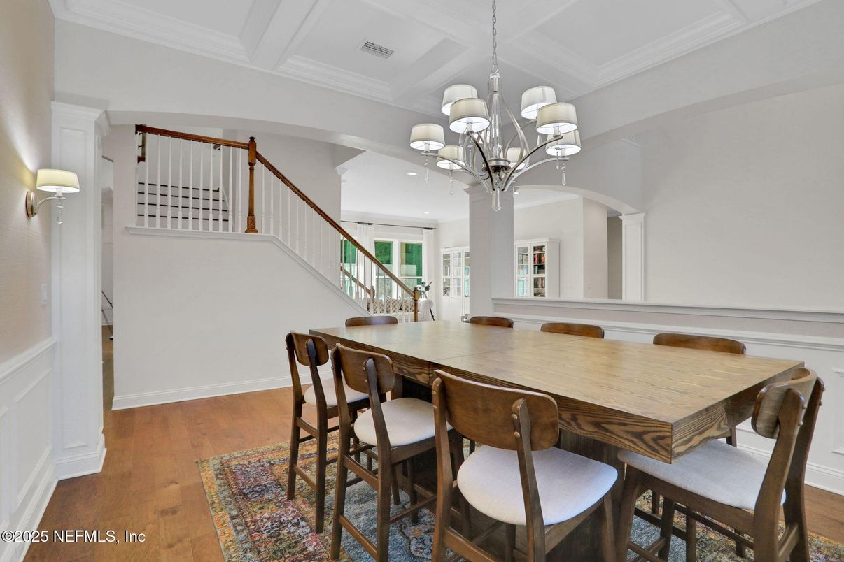 Chandelier, Dining room, Interior, Wood Texture Flooring