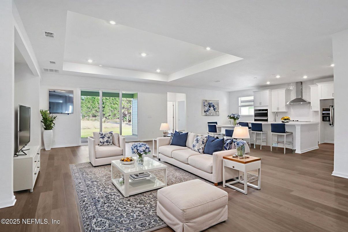 Interior, Kitchen, Living room, Recessed Lighting, Stainless Steel Appliances, Wood Texture Flooring