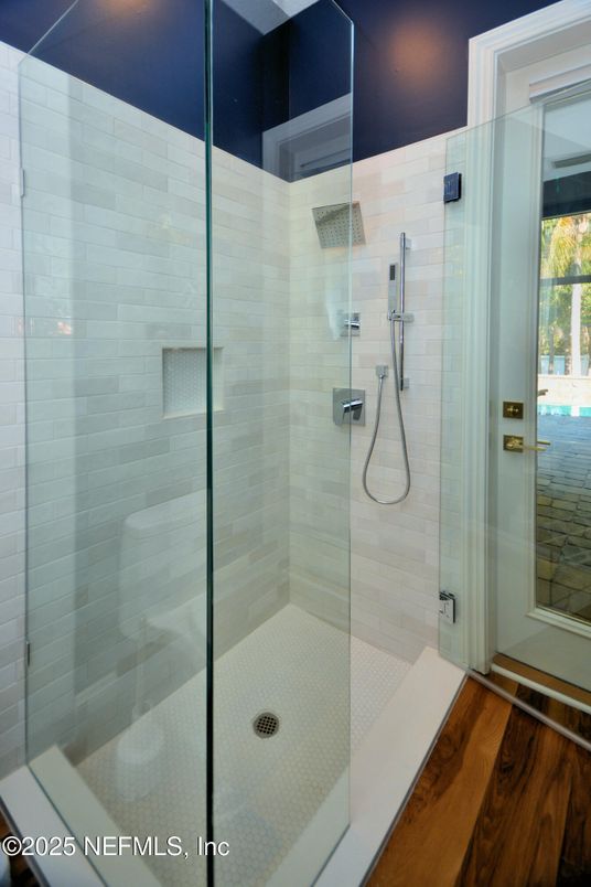 Bathroom, Glass Shower, Interior, Wood Texture Flooring