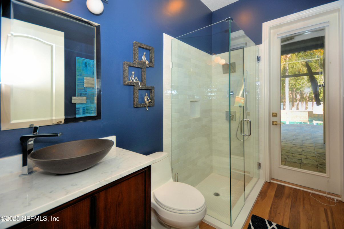 Bathroom, Glass Shower, Interior, Recessed Lighting, Wood Texture Flooring