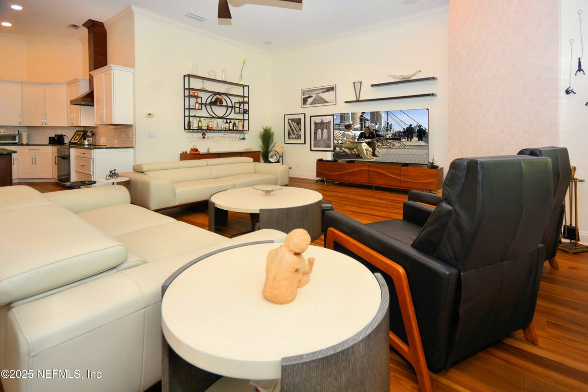 Dining room, Interior, Kitchen, Living room, Recessed Lighting, Wood Texture Flooring