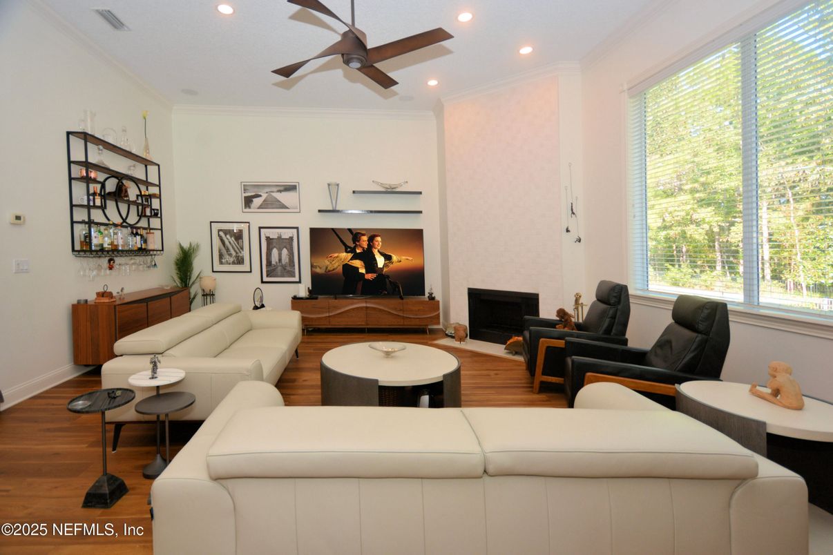 Fireplace, Interior, Living room, Recessed Lighting, Wood Texture Flooring