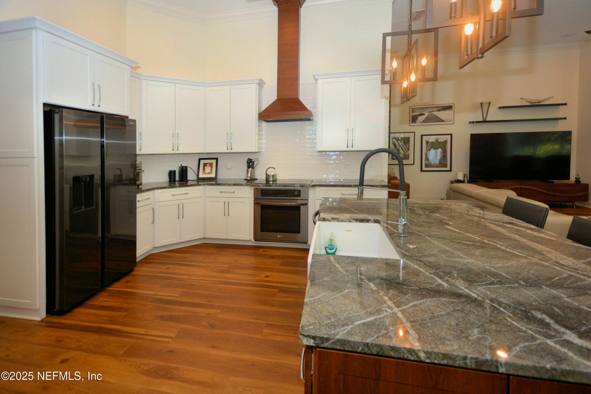 Interior, Kitchen, Pendant Lights, Stainless Steel Appliances, Wood Texture Flooring