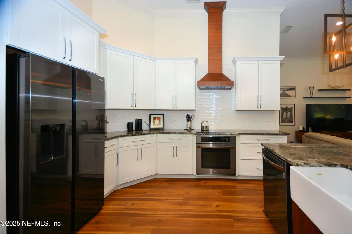 Interior, Kitchen, Pendant Lights, Stainless Steel Appliances, Wood Texture Flooring