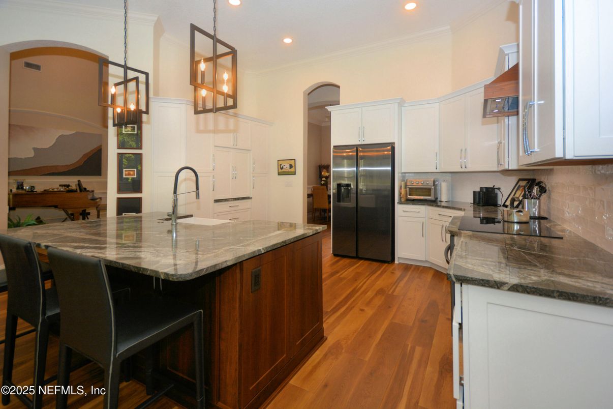 Interior, Kitchen, Pendant Lights, Recessed Lighting, Stainless Steel Appliances, Wood Texture Flooring
