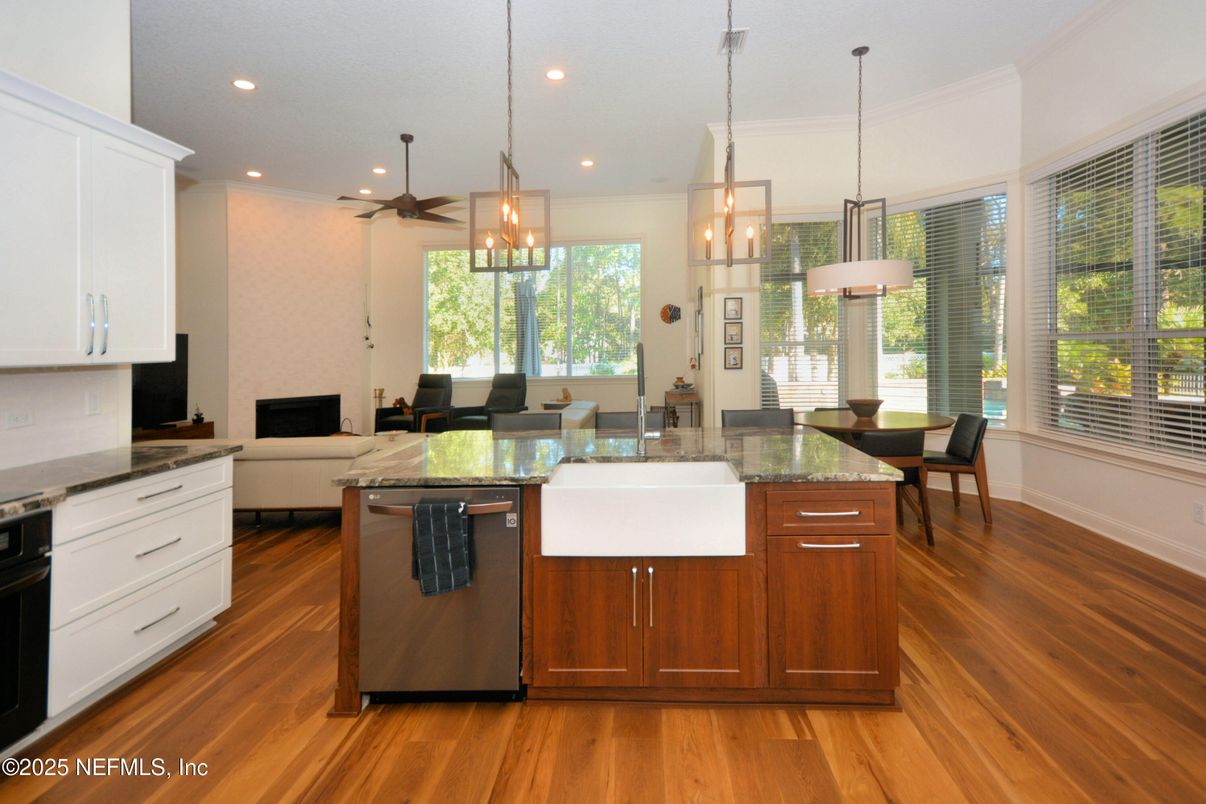 Dining room, Fireplace, Interior, Kitchen, Living room, Pendant Lights, Recessed Lighting, Wood Texture Flooring