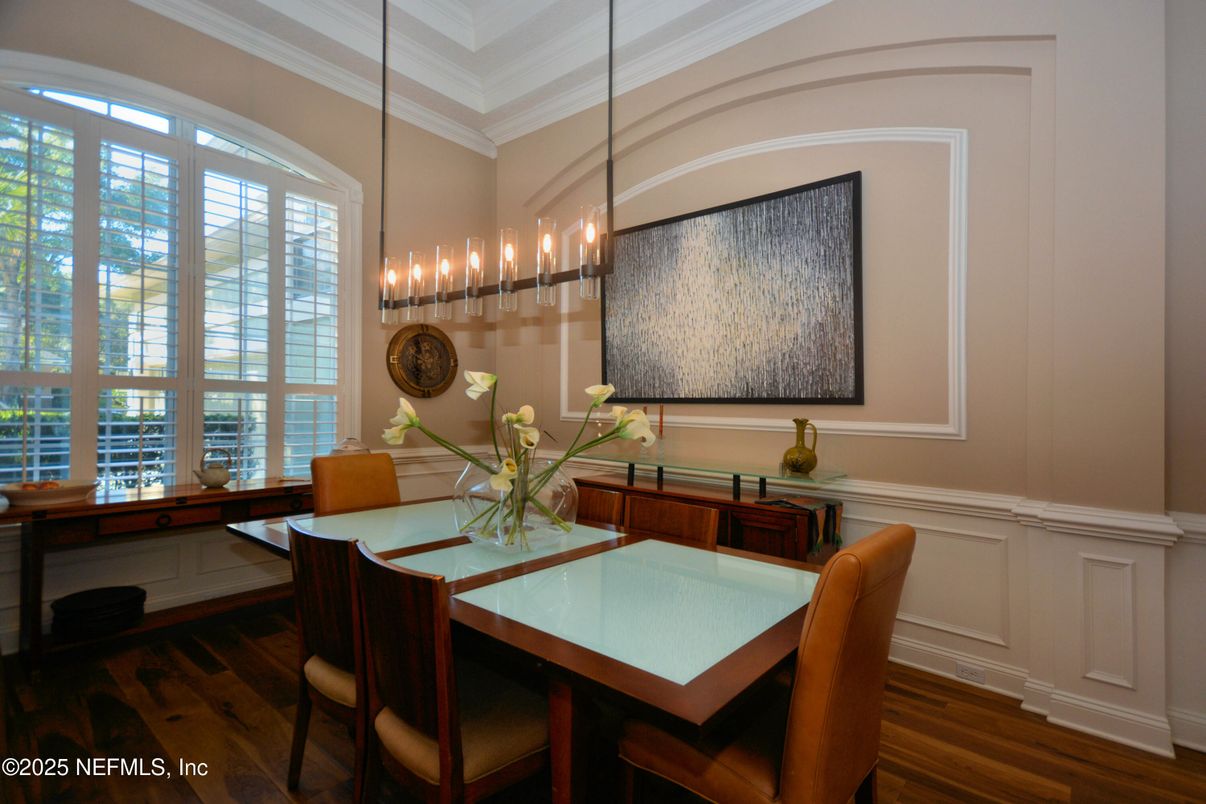 Dining room, Interior, Pendant Lights, Wood Texture Flooring