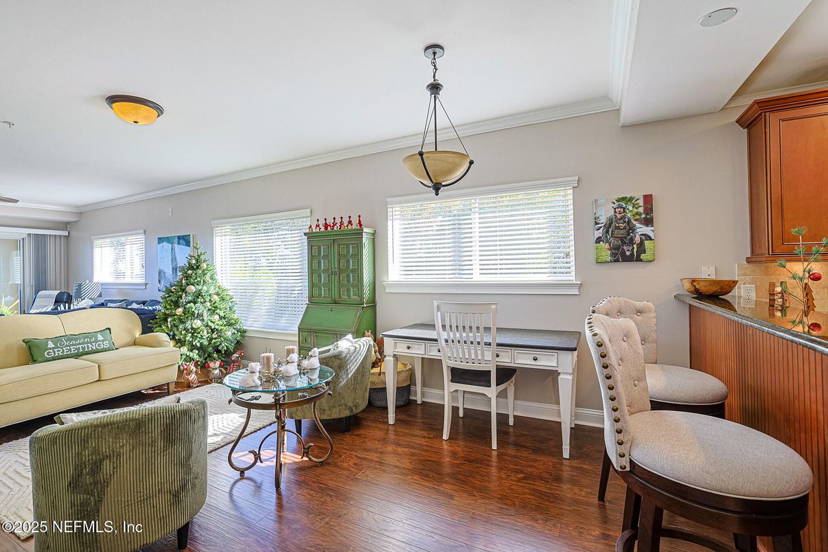 Dining room, Interior, Living room, Pendant Lights, Wood Texture Flooring