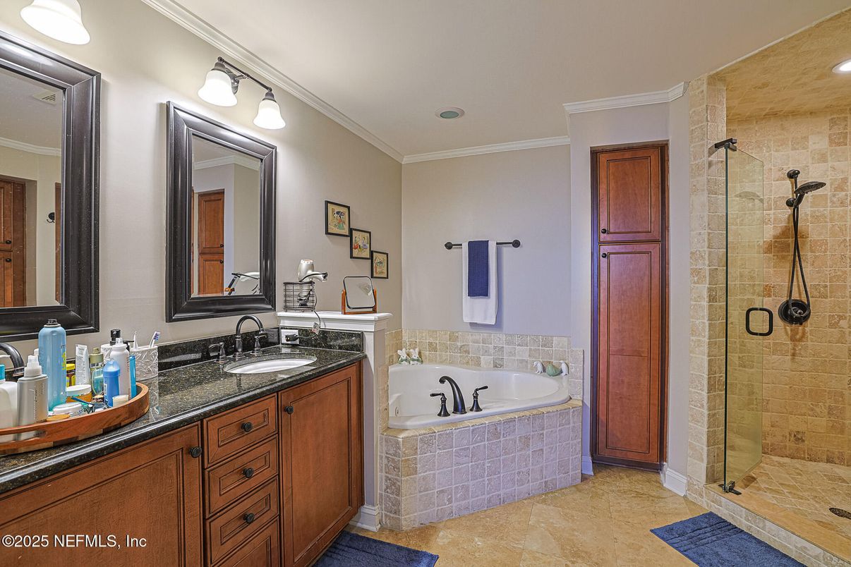 Bathroom, Dual Sink Vanities, Glass Shower, Interior, Recessed Lighting