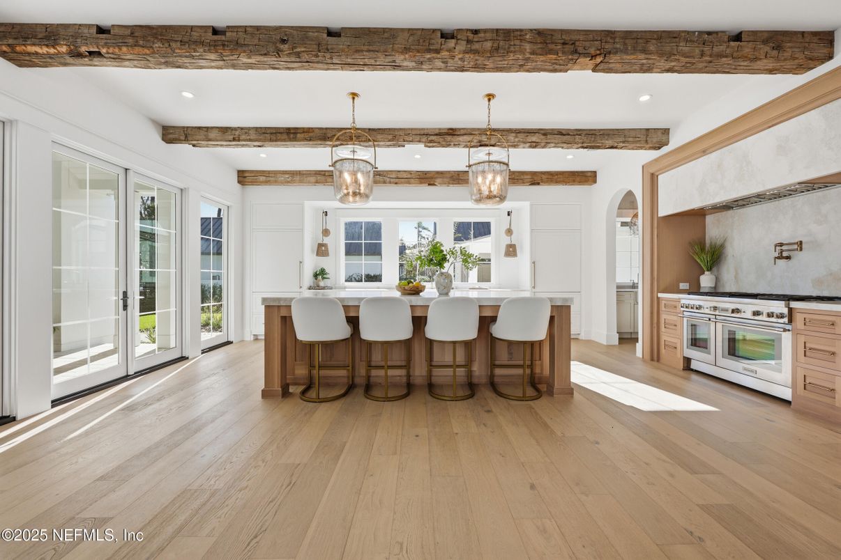 Interior, Kitchen, Pendant Lights, Recessed Lighting, Stainless Steel Appliances, Wooden Beams, Wood Texture Flooring