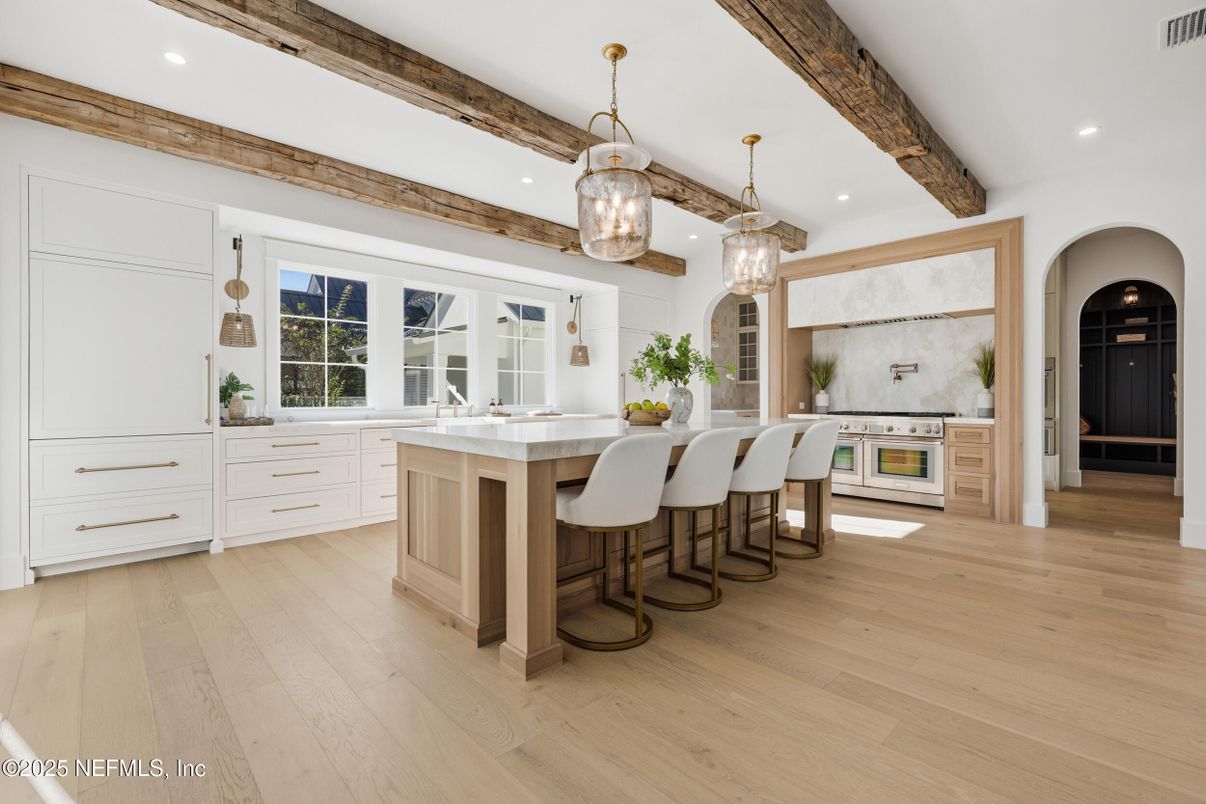 Interior, Kitchen, Pendant Lights, Recessed Lighting, Wooden Beams, Wood Texture Flooring