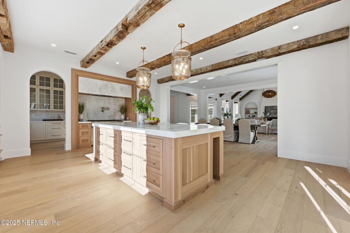 Dining room, Interior, Kitchen, Living room, Pendant Lights, Recessed Lighting, Wooden Beams, Wood Texture Flooring