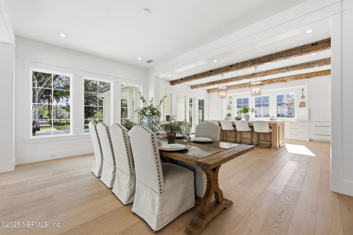 Dining room, Interior, Pendant Lights, Recessed Lighting, Wooden Beams, Wood Texture Flooring