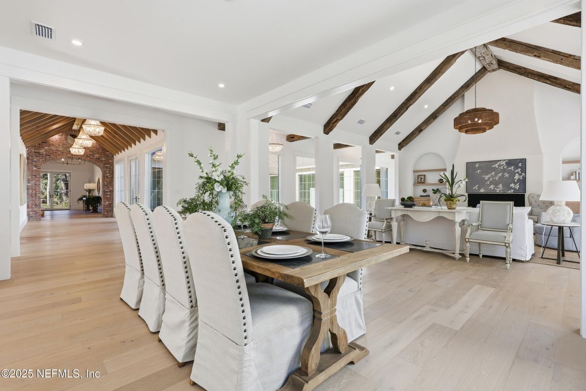 Dining room, Interior, Living room, Pendant Lights, Recessed Lighting, Wooden Beams, Wood Texture Flooring