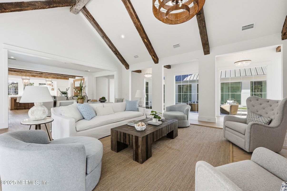 Dining room, Interior, Living room, Recessed Lighting, Wooden Beams