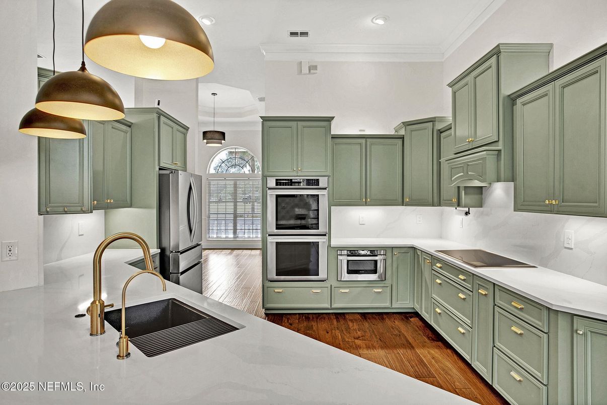 Interior, Kitchen, Pendant Lights, Recessed Lighting, Stainless Steel Appliances, Wood Texture Flooring