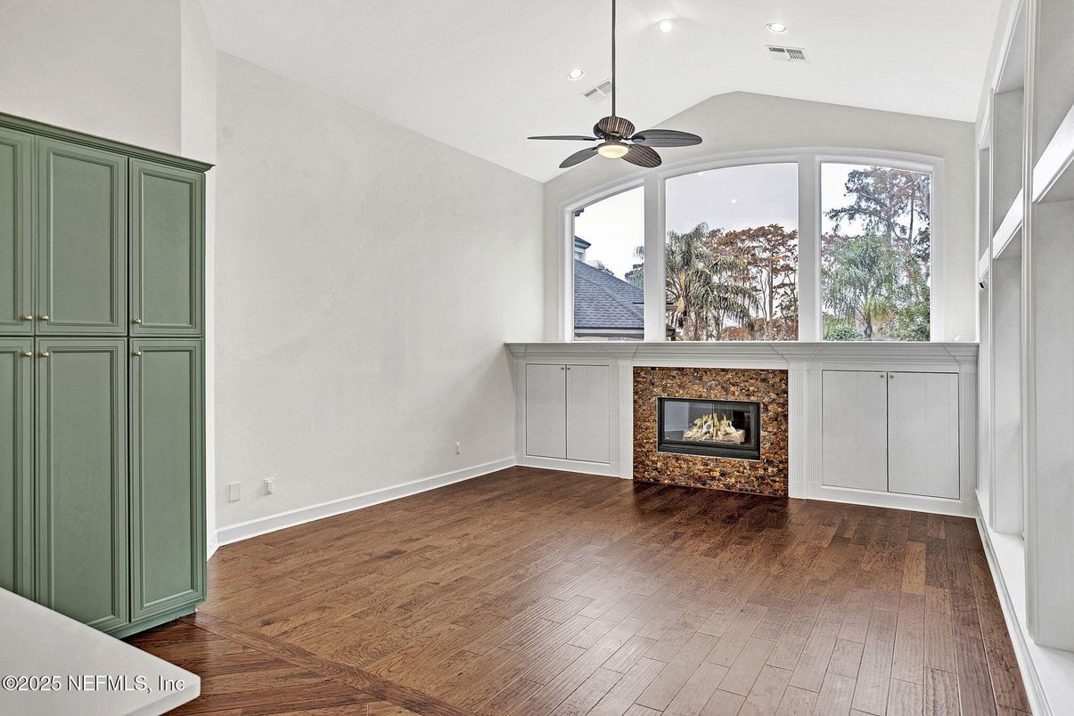Empty room, Fireplace, Interior, Recessed Lighting, Wood Texture Flooring