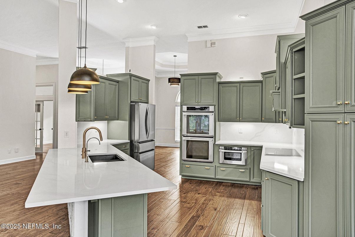 Interior, Kitchen, Pendant Lights, Recessed Lighting, Stainless Steel Appliances, Wood Texture Flooring