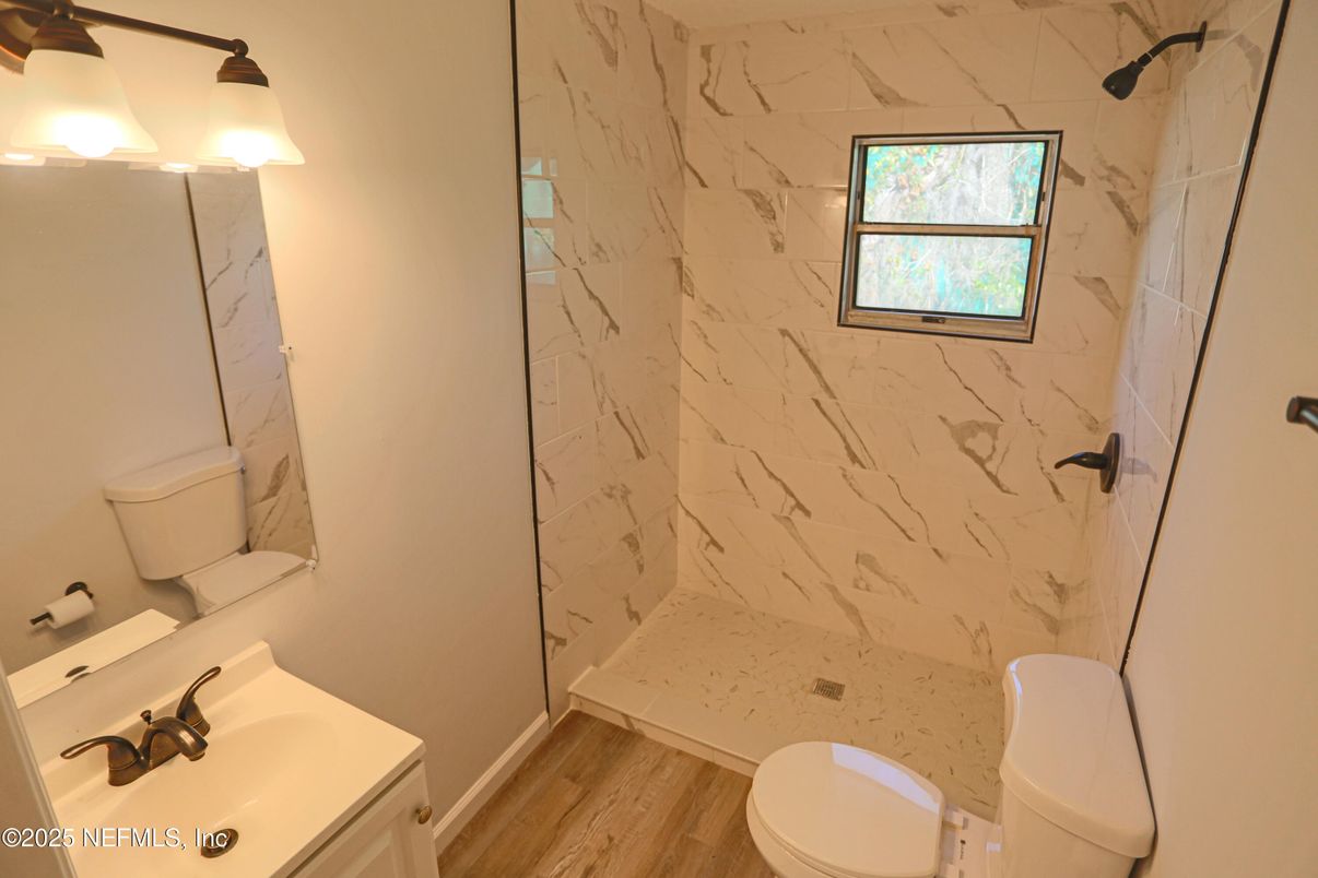 Bathroom, Interior, Marble Walls, Wood Texture Flooring