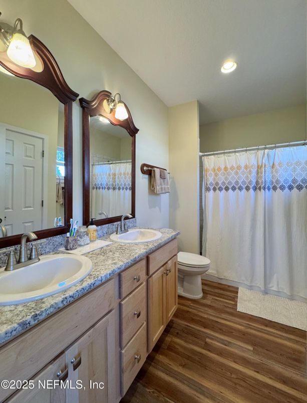 Bathroom, Dual Sink Vanities, Interior, Recessed Lighting, Wood Texture Flooring