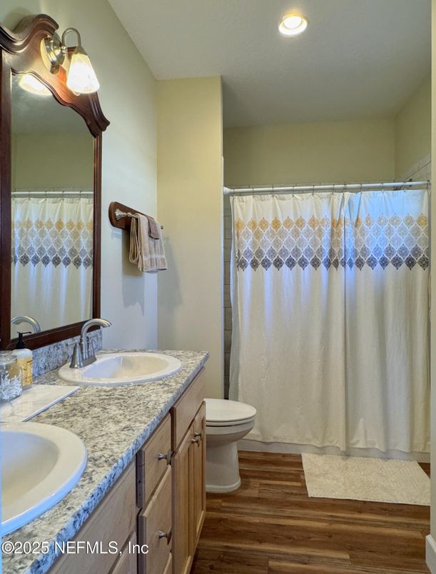 Bathroom, Dual Sink Vanities, Interior, Recessed Lighting, Wood Texture Flooring
