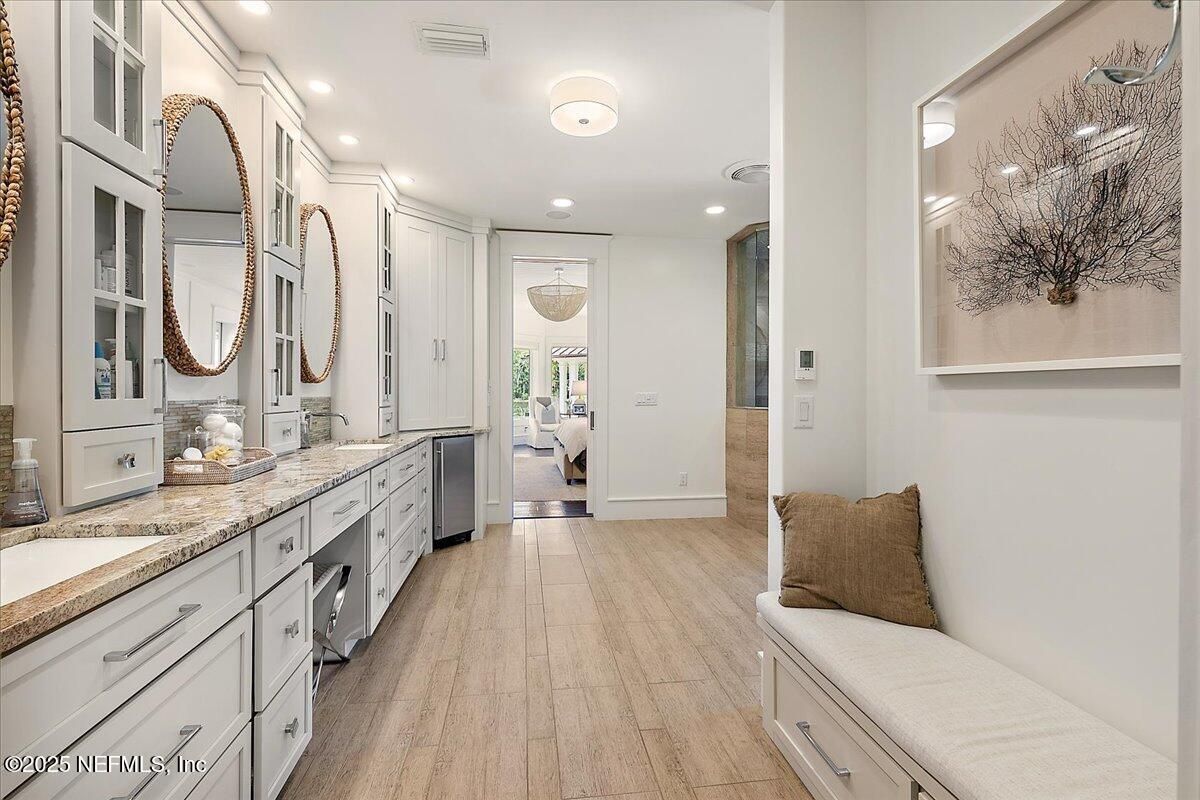 Bathroom, Dual Sink Vanities, Interior, Recessed Lighting, Wood Texture Flooring