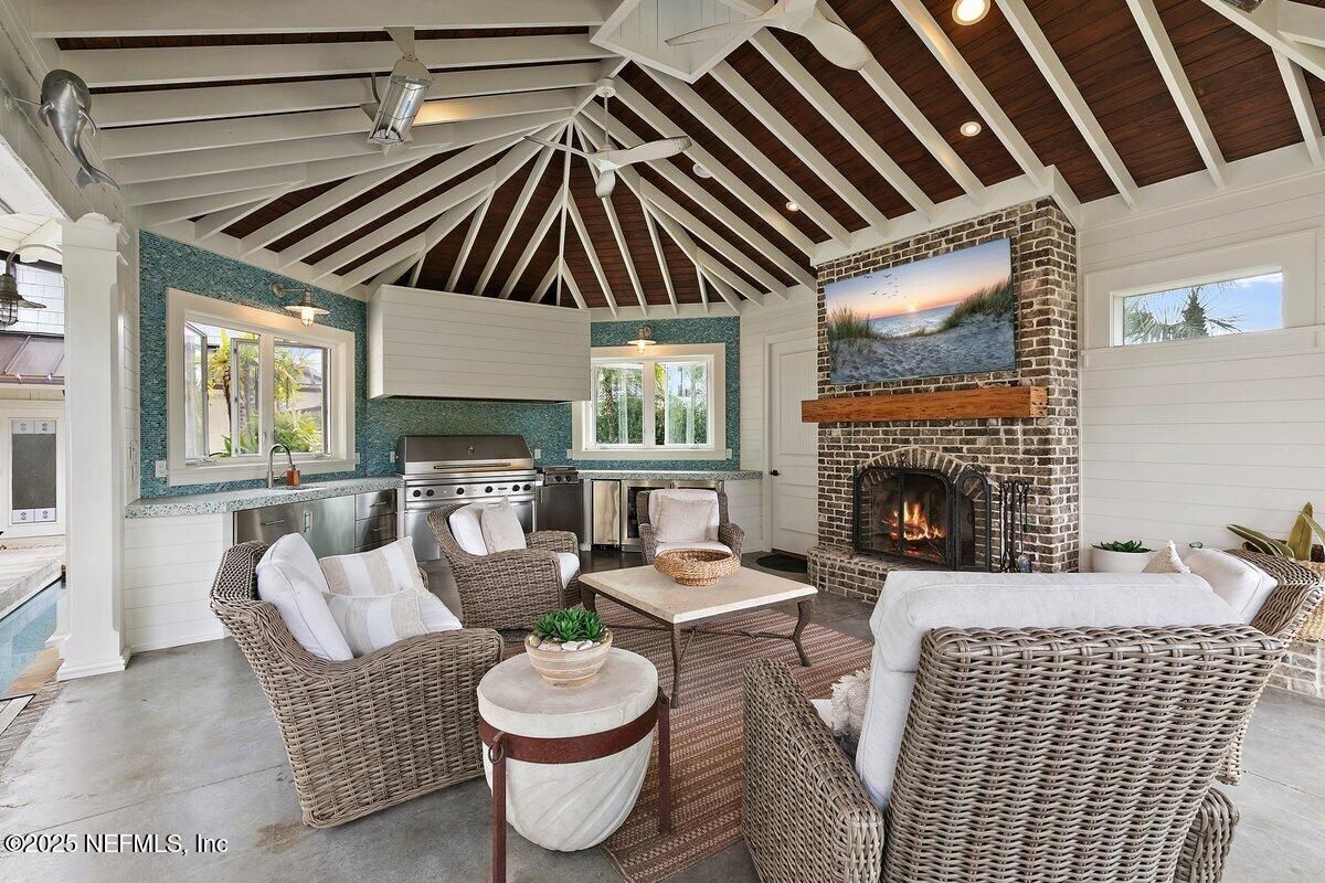 Fireplace, Interior, Living room, Stainless Steel Appliances, Stone Walls, Wooden Beams