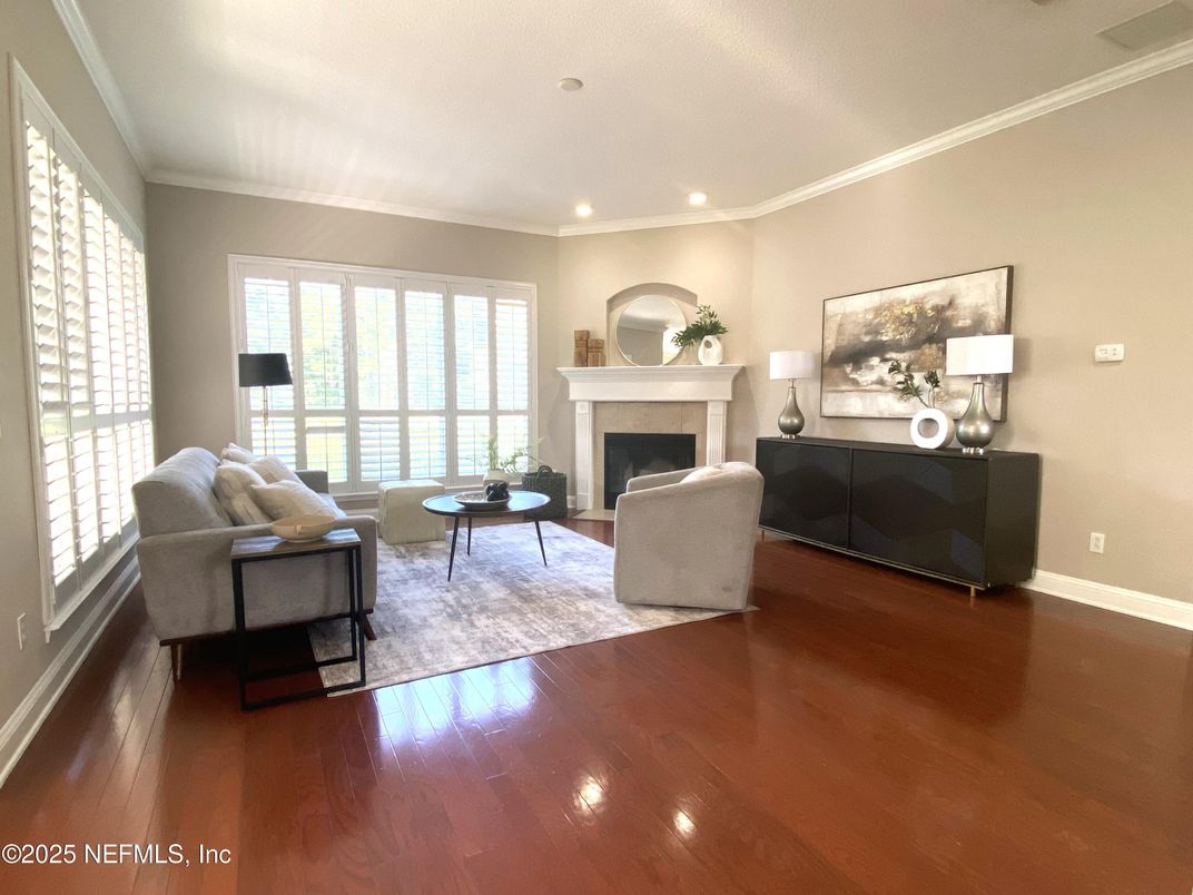 Fireplace, Interior, Living room, Recessed Lighting, Wood Texture Flooring