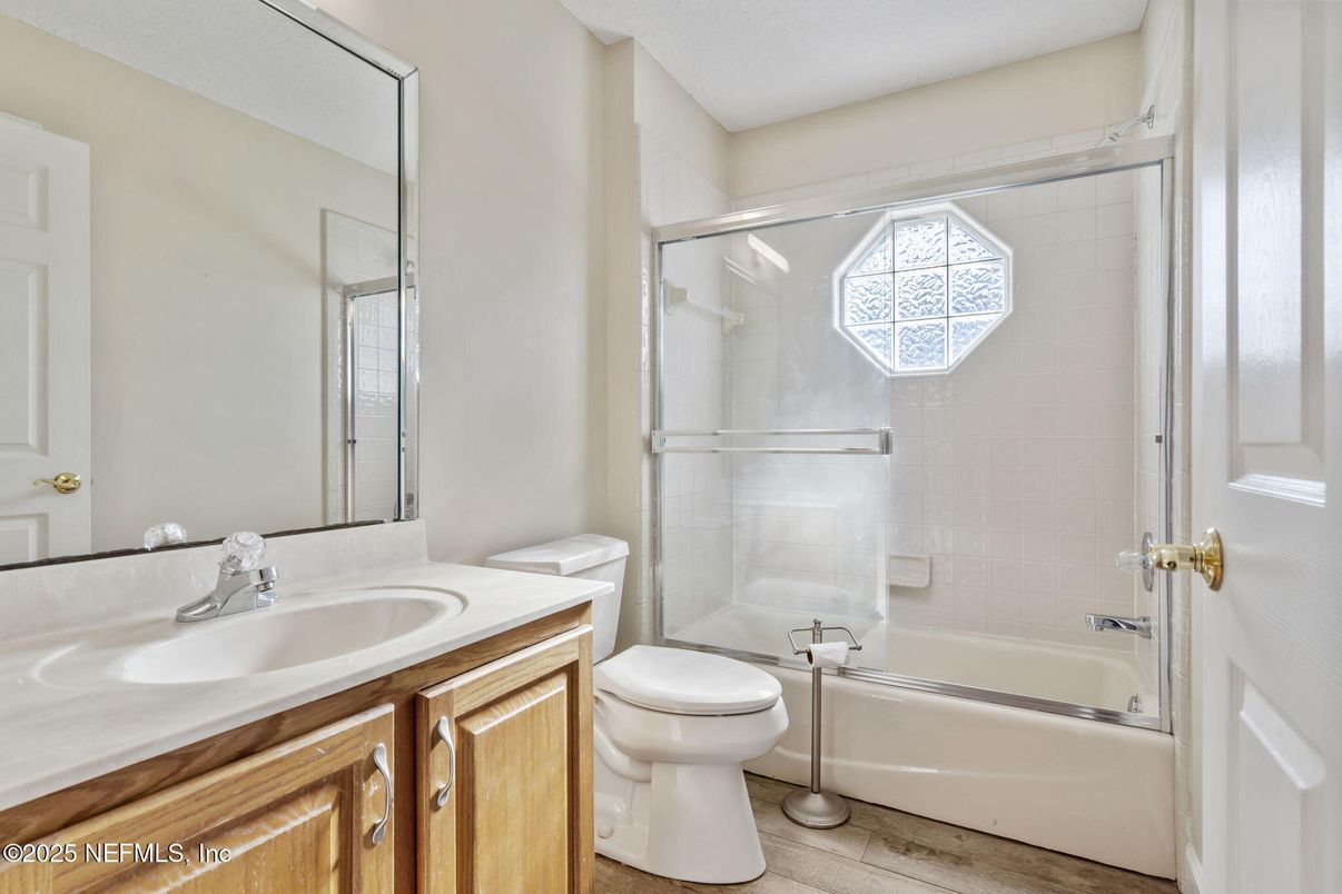 Bathroom, Glass Shower, Interior, Wood Texture Flooring