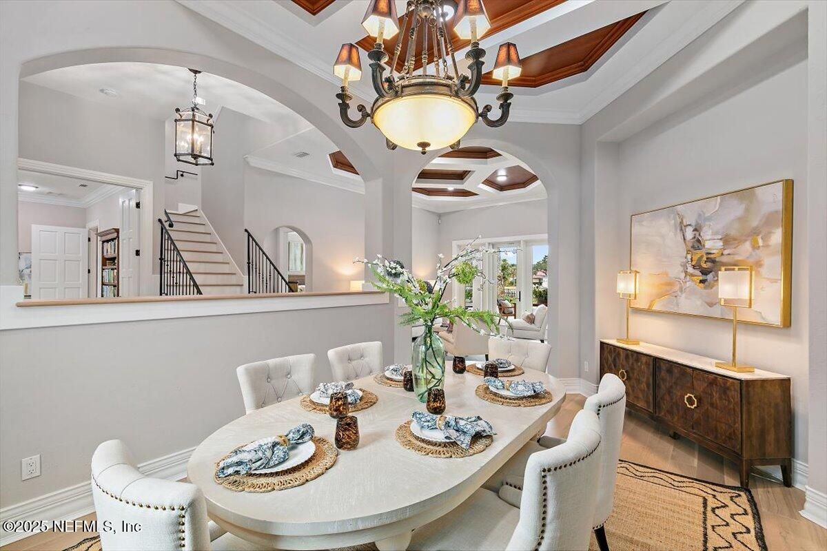 Chandelier, Dining room, Interior, Pendant Lights, Wood Texture Flooring