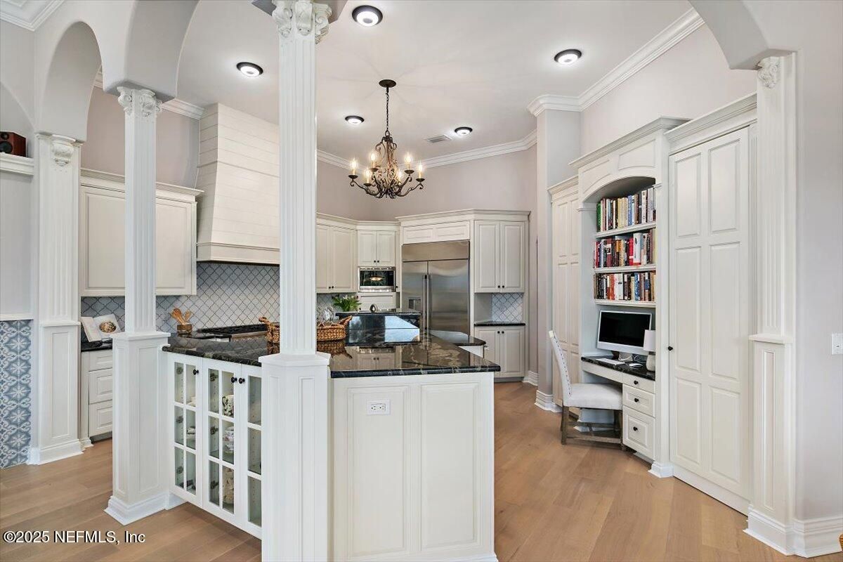 Chandelier, Interior, Kitchen, Recessed Lighting, Stainless Steel Appliances, Wood Texture Flooring