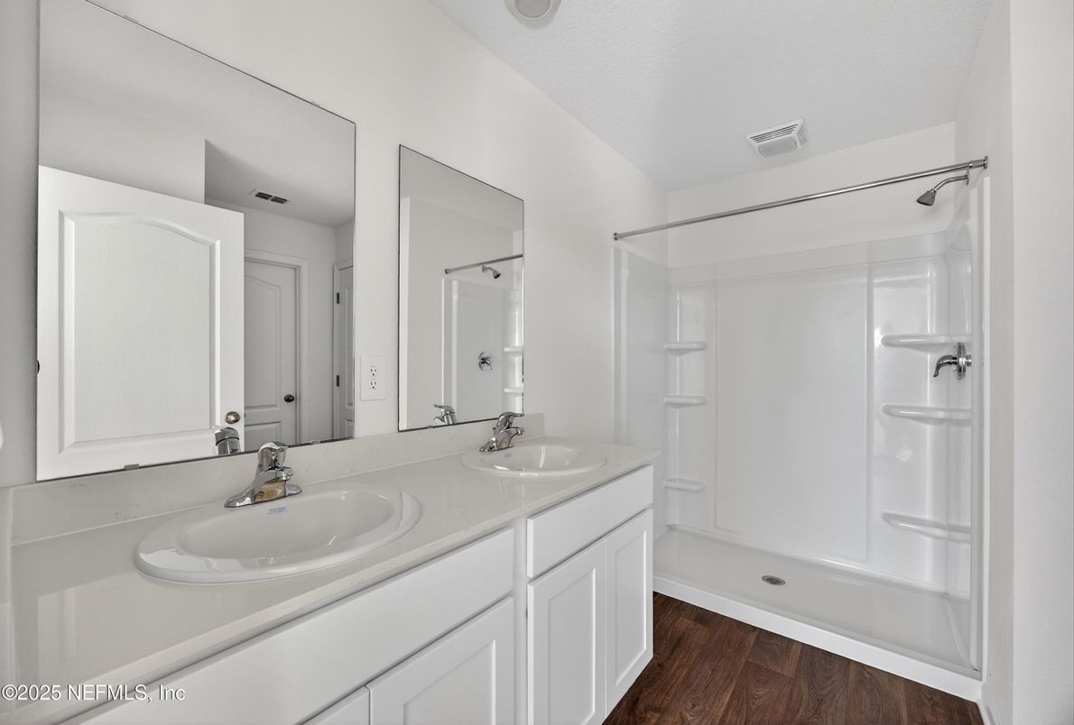 Bathroom, Dual Sink Vanities, Interior, Wood Texture Flooring