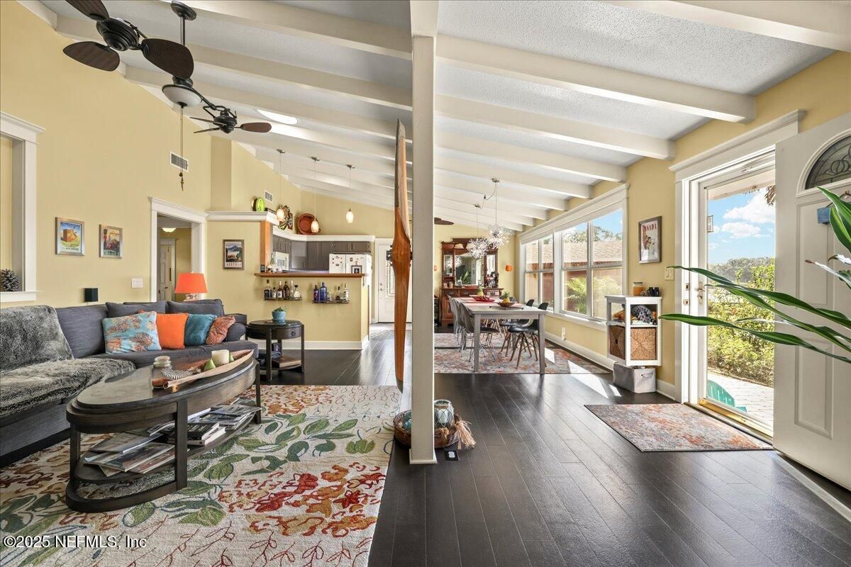 Dining room, Interior, Living room, Pendant Lights, Wood Texture Flooring