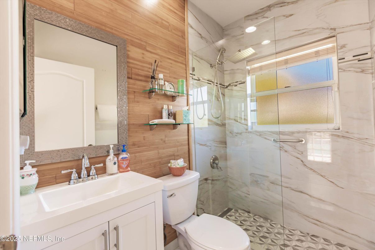 Bathroom, Glass Shower, Interior, Marble Walls, Recessed Lighting, Wooden Walls