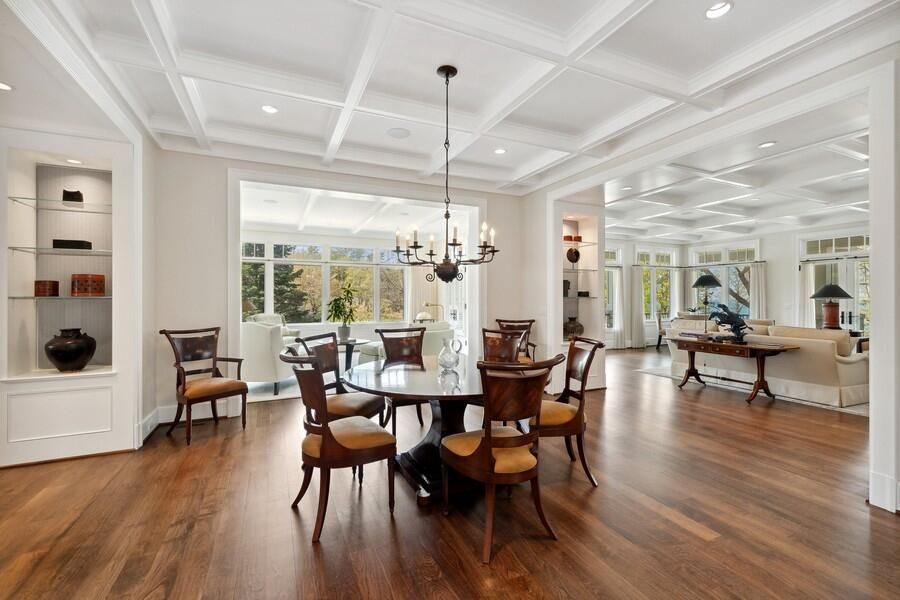 Chandelier, Dining room, Interior, Living room, Pendant Lights, Recessed Lighting, Wood Texture Flooring