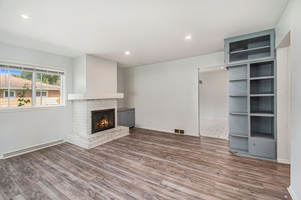 Empty room, Fireplace, Interior, Recessed Lighting, Wood Texture Flooring