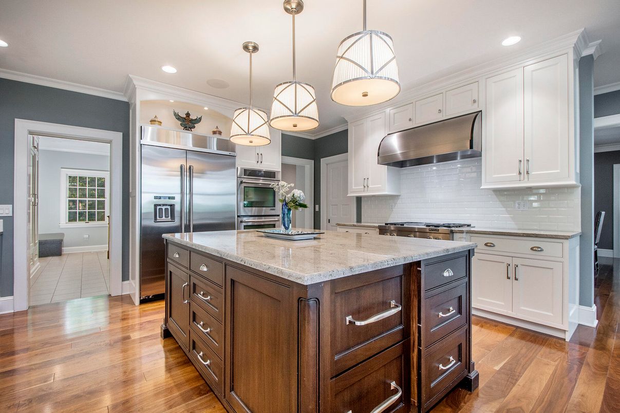 Interior, Kitchen, Pendant Lights, Recessed Lighting, Stainless Steel Appliances, Wood Texture Flooring