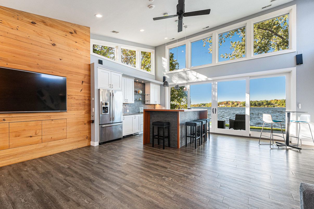 Interior, Kitchen, Pendant Lights, Recessed Lighting, Water, Wood Texture Flooring, Wooden Walls